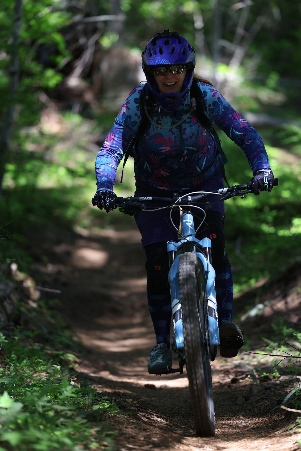 Laura on a mountain bike trail in Idaho